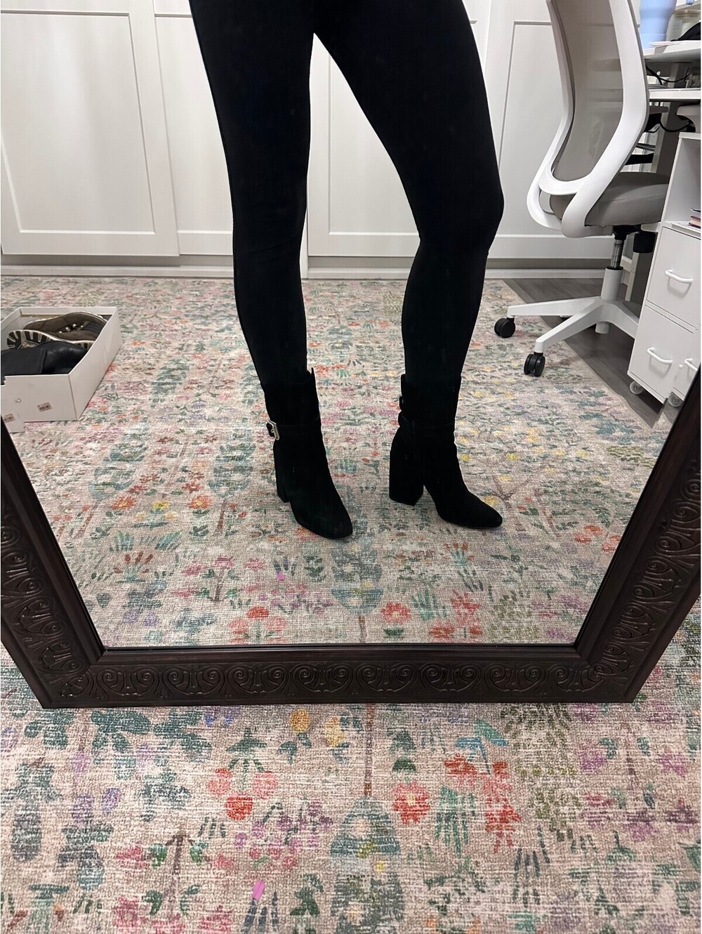 Black Suede Ankle Boots with Block Heel and Buckle Detail from Vince Camuto